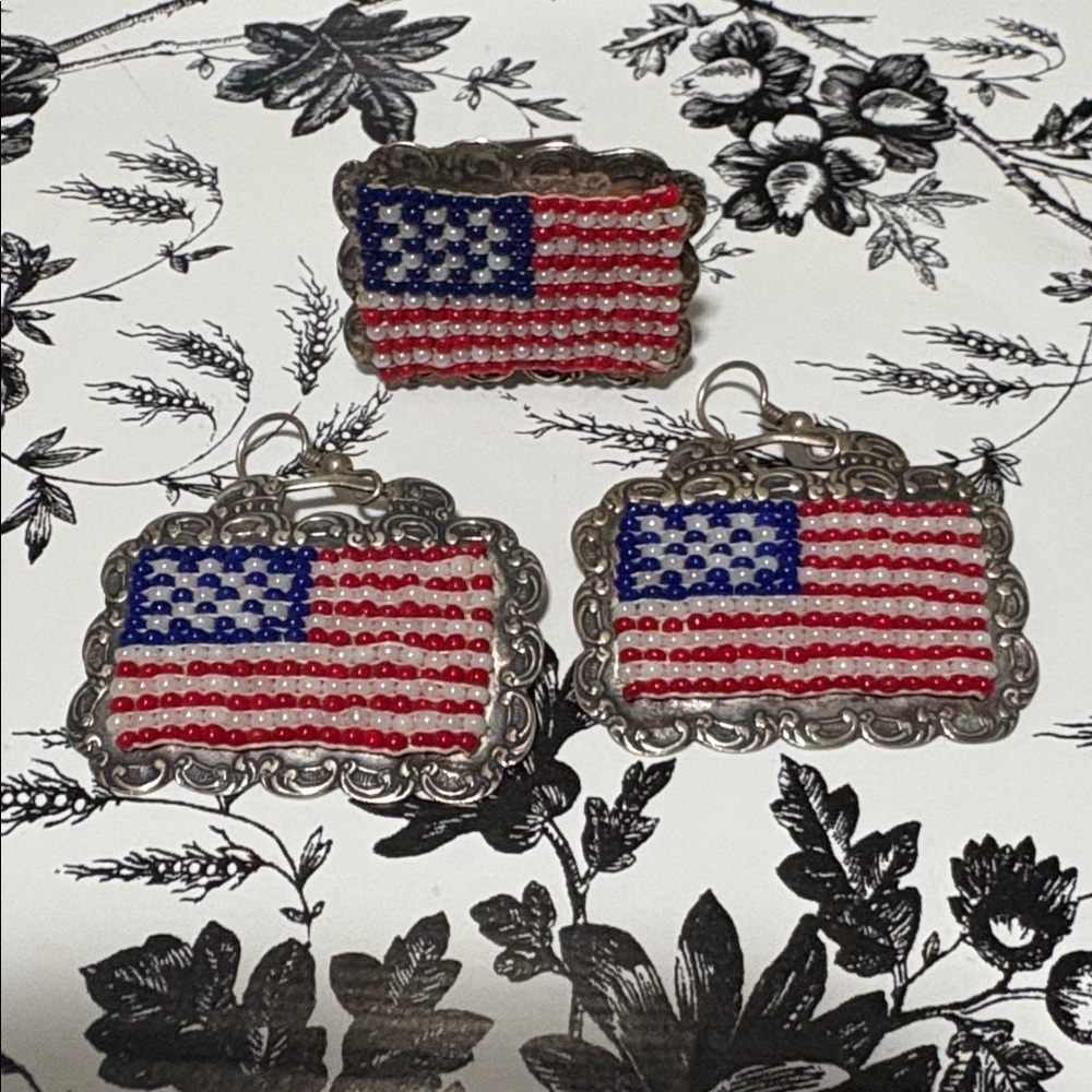 Beaded American Flag Earrings and adjustable ring